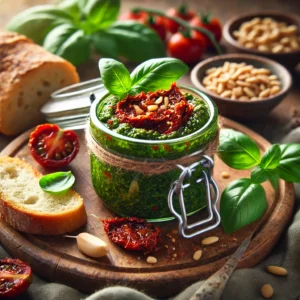 Sun-dried tomato basil pesto in a glass jar, garnished with olive oil, Parmesan, and fresh basil, served on a wooden board with crusty bread, pine nuts, and fresh basil in a rustic setting.