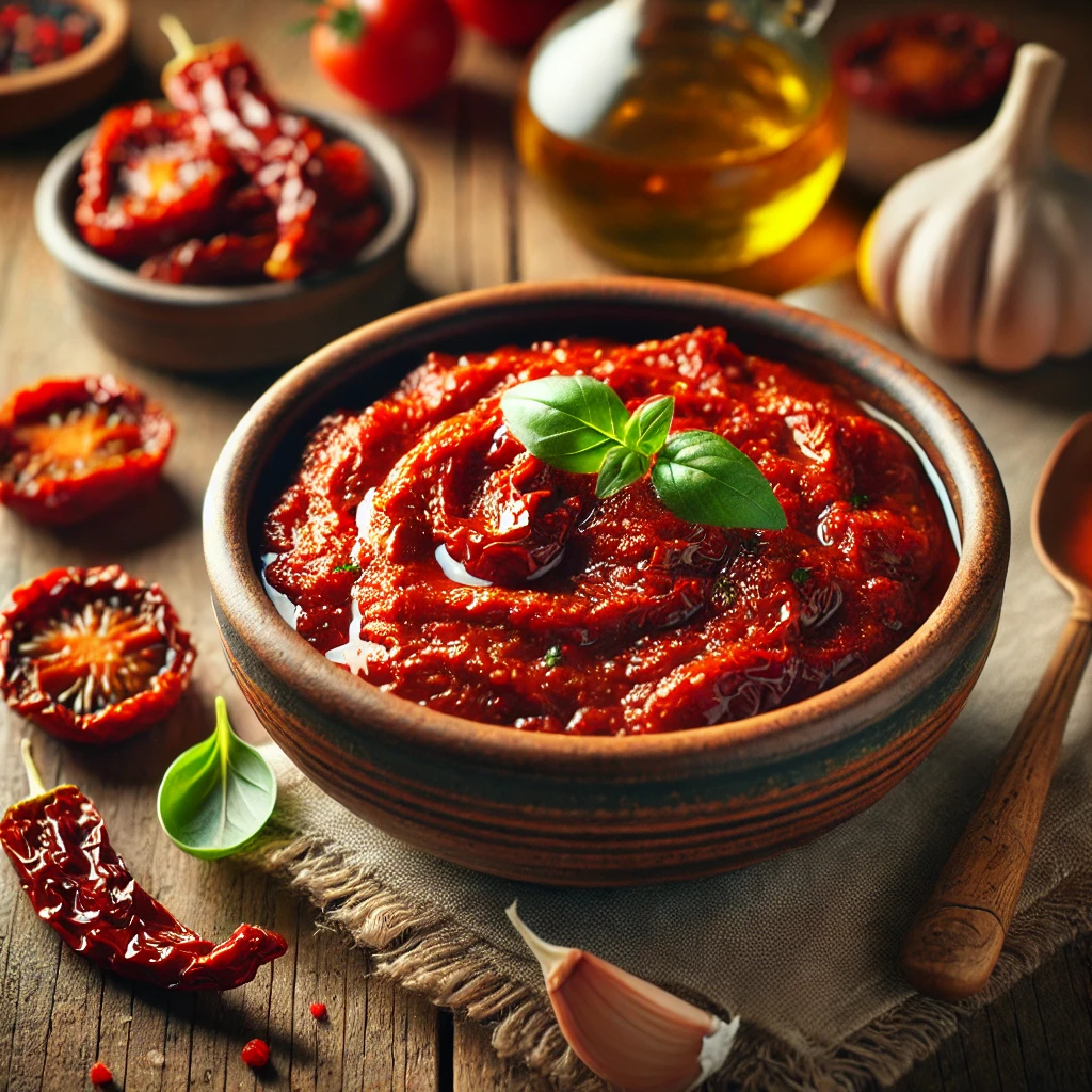 A rich and vibrant Sun-Dried Tomato Sauce served in a rustic ceramic bowl. The sauce has a deep red hue with a slightly chunky texture, garnished with a drizzle of olive oil and fresh basil leaves. The bowl sits on a rustic wooden table, accompanied by a small dish of sun-dried tomatoes, garlic cloves, and a wooden spoon. Warm, natural lighting enhances the inviting, homemade feel.