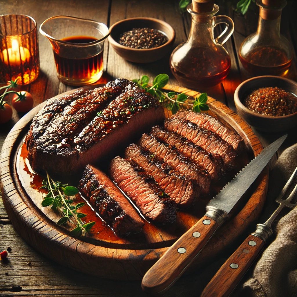 Savory Sunday skirt steak cooked to perfection with a caramelized glaze, sliced and served on a rustic wooden platter. The steak is garnished with fresh herbs and paired with small bowls of marinade ingredients like soy sauce and molasses. The setting includes a warm, inviting wooden table and soft lighting to emphasize the rich textures and smoky flavor of the dish, perfect for a comforting Sunday dinner.