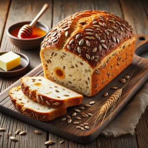 A beautifully plated loaf of Sunflower Seed Bread served on a rustic wooden table. The bread has a golden-brown crust with a soft, slightly dense interior filled with crunchy sunflower seeds. Topped with a generous sprinkle of sunflower seeds and lightly dusted with flour. Sliced and arranged on a wooden cutting board, served with a side of butter and honey. The warm wooden table is more visible, providing a cozy and inviting setting.
