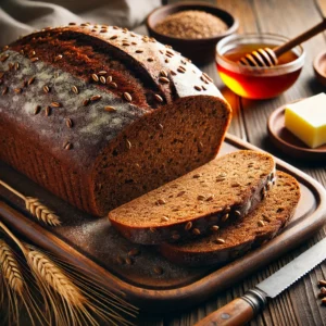 A beautifully plated loaf of Rye Bread with Caraway served on a rustic wooden table. The bread has a deep brown crust with a slightly dense, hearty interior infused with aromatic caraway seeds. Lightly dusted with flour and sliced to reveal the rich texture inside. Arranged on a wooden cutting board, served with a side of butter and honey. The warm wooden table is more visible, providing a cozy and inviting setting.