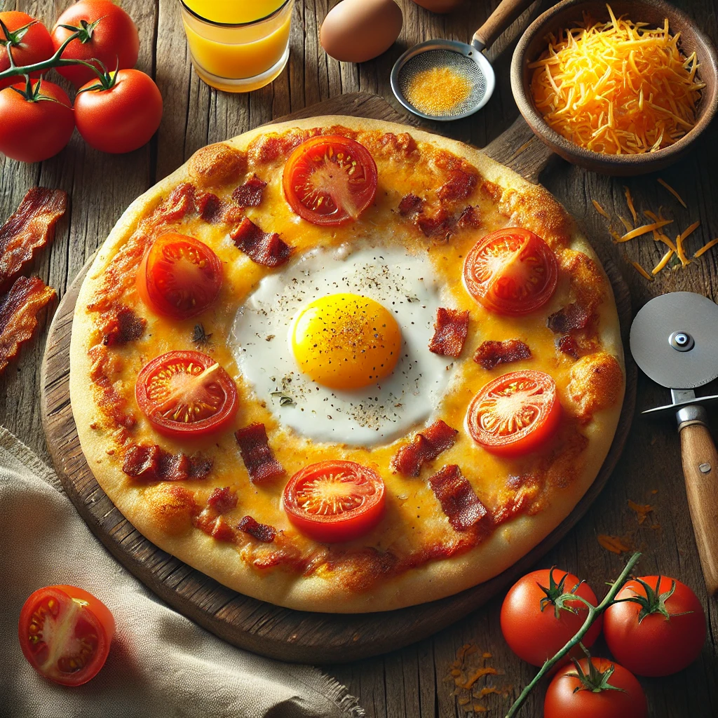 A sunny side up pizza with a thin, golden crust is topped with sliced plum tomatoes, melted cheddar cheese, crispy bacon slices arranged around the edges, and a perfectly cooked sunny side up egg in the center. The yolk is vibrant yellow, with the egg white set but still soft. Nearby are fresh plum tomatoes, a small bowl of grated cheddar cheese, and crispy bacon strips on a rustic wooden table.