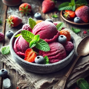 A vibrant Super Easy Vegan Sorbet served in a rustic bowl on a weathered wooden table. The sorbet features rich red and purple hues, garnished with fresh mint leaves. The scene includes a small spoon, a linen napkin, and scattered frozen summer fruits, highlighted by soft natural lighting for a refreshing and inviting dessert presentation.