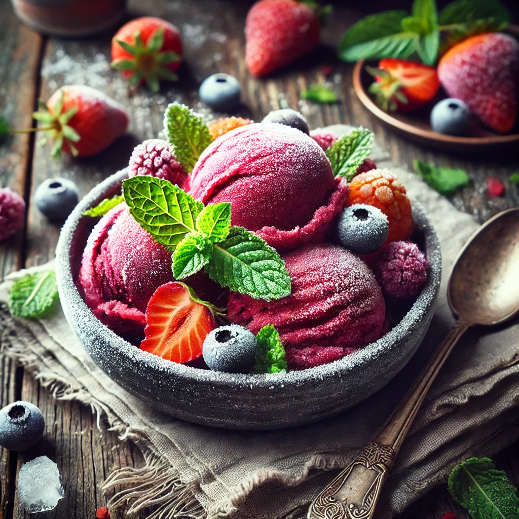 A vibrant Super Easy Vegan Sorbet served in a rustic bowl on a weathered wooden table. The sorbet features rich red and purple hues, garnished with fresh mint leaves. The scene includes a small spoon, a linen napkin, and scattered frozen summer fruits, highlighted by soft natural lighting for a refreshing and inviting dessert presentation.