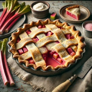 A rustic Surprise Rhubarb Pie baked in an artisan ANTA pasta dish, featuring a golden-brown crimped pastry crust sprinkled with caster sugar. A slice is plated nearby, revealing the vibrant pink rhubarb filling. The scene is styled on a weathered wooden table with rhubarb stalks, a small dish of ice cream, and a linen napkin, bathed in soft natural light for a cozy and inviting presentation.