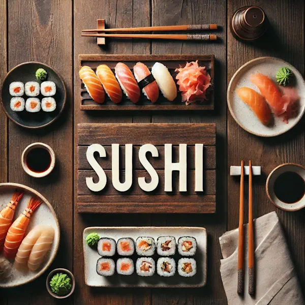 A rustic flat lay of sushi on a medium-dark wooden table with horizontal planks. The scene includes assorted nigiri, maki rolls, and sashimi on ceramic plates, with wasabi, pickled ginger, and soy sauce nearby. Chopsticks rest beside the plates. At the top, the word 'SUSHI' is written in large cream-colored serif letters, centered and clearly visible.