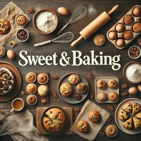 A rustic flat lay of sweet and baked goods on a dark wooden table, with cookies, muffins, pastries, and cake slices. Baking elements like flour, eggs, and a whisk are included. At the top of the image, the words 'SWEET & BAKING' appear in large cream-colored serif letters, centered and clearly above the food.