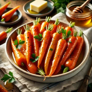 A bowl of Sweet Glazed Baby Carrots in a honey-butter sauce, garnished with parsley and black pepper, set on a wooden table with honey and butter in the background.
