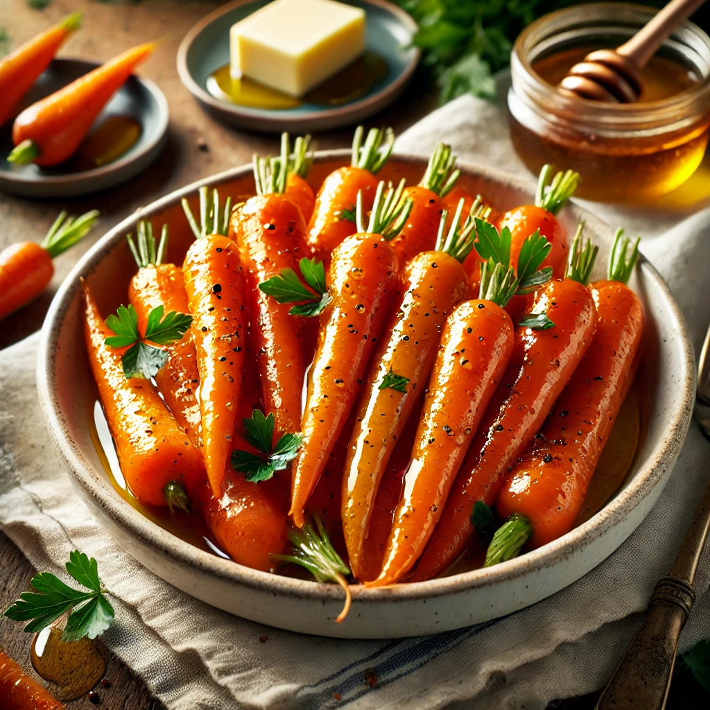 A bowl of Sweet Glazed Baby Carrots in a honey-butter sauce, garnished with parsley and black pepper, set on a wooden table with honey and butter in the background.