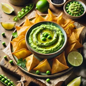 A rustic presentation of sweet pea–wasabi hummus with wonton chips, elegantly arranged on a wooden table. The hummus is a vibrant green, served in a ceramic bowl with a drizzle of olive oil and a sprinkle of black sesame seeds. Crispy, golden wonton chips are arranged around the bowl for dipping. Scattered around are fresh peas, lime wedges, and a small dish of extra wasabi paste. Soft natural lighting enhances the fresh and inviting feel, with gentle shadows and a hint of rustic kitchen elements in the background.