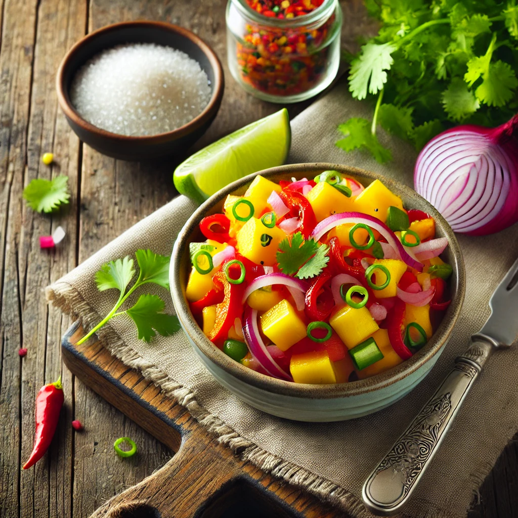 A vibrant Sweet Pickle-less Relish served in a small ceramic bowl, featuring diced mango, pineapple, roasted red pepper, red onion, and scallion, garnished with fresh cilantro and a lime wedge. The bowl is placed on a rustic wooden table with a small bowl of sugar, a knife, and a linen napkin, illuminated by soft natural lighting for a fresh and tropical presentation.