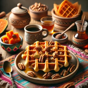 A warm and inviting breakfast scene featuring Sweet Potato Ginger Waffles topped with candied nuts and drizzled with maple syrup. The golden brown waffles have a hint of orange and are served on a rustic plate, accompanied by a colorful Mexican-style tablecloth, a small bowl of candied nuts, a jar of maple syrup, and a cup of coffee. Bright natural light emphasizes the comforting and indulgent appeal of this breakfast dish.