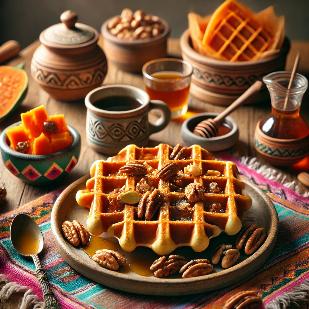 A warm and inviting breakfast scene featuring Sweet Potato Ginger Waffles topped with candied nuts and drizzled with maple syrup. The golden brown waffles have a hint of orange and are served on a rustic plate, accompanied by a colorful Mexican-style tablecloth, a small bowl of candied nuts, a jar of maple syrup, and a cup of coffee. Bright natural light emphasizes the comforting and indulgent appeal of this breakfast dish.