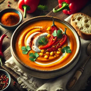 A rustic ceramic bowl of Sweet Potato, Roasted Red Pepper & Corn Spicy Bisque, garnished with a swirl of coconut cream, smoked paprika, and cilantro, served with crusty bread and roasted red peppers on a wooden table.