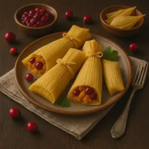 A rustic ceramic plate with sweet tamales filled with creamy pumpkin and tart cranberries, wrapped in golden corn husks and tied with natural corn ribbons. Garnished with whole cranberries and cranberry sauce, set on a dark wooden table with warm natural lighting.