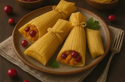 A rustic ceramic plate with sweet tamales filled with creamy pumpkin and tart cranberries, wrapped in golden corn husks and tied with natural corn ribbons. Garnished with whole cranberries and cranberry sauce, set on a dark wooden table with warm natural lighting.