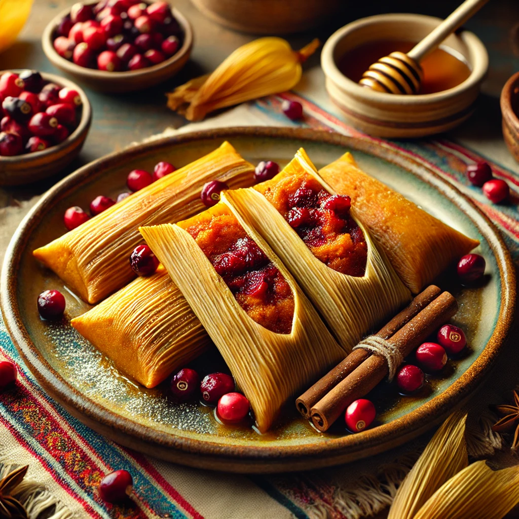 A rustic plate of Sweet Pumpkin Cranberry Tamales wrapped in corn husks, garnished with fresh cranberries and powdered sugar, set on a wooden table with honey and cinnamon sticks in the background.