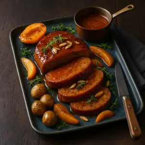 English alt text: A 600×600 realistic food photo of a seitan roast glazed with glossy apricot sauce, sliced into thick medallions on a slate-blue rectangular ceramic platter with roasted apricot wedges, thyme, toasted almonds, and a small copper saucepan of glaze; dish lit slightly brighter while the dark wooden table remains the same.