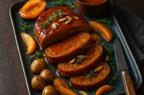 English alt text: A 600×600 realistic food photo of a seitan roast glazed with glossy apricot sauce, sliced into thick medallions on a slate-blue rectangular ceramic platter with roasted apricot wedges, thyme, toasted almonds, and a small copper saucepan of glaze; dish lit slightly brighter while the dark wooden table remains the same.