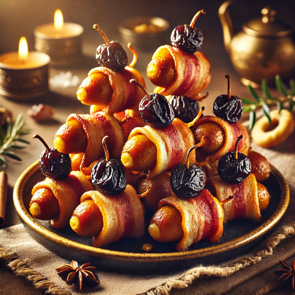 Bite-sized appetizers of chipolata sausages wrapped with prunes or apricots and streaky bacon, with a touch of mustard, arranged on a festive ceramic platter. The golden, crispy appetizers are slightly caramelized and garnished with sprigs of rosemary. The setting includes cozy holiday decor and warm-toned textiles, with soft lighting highlighting the textures, creating a festive and inviting presentation.