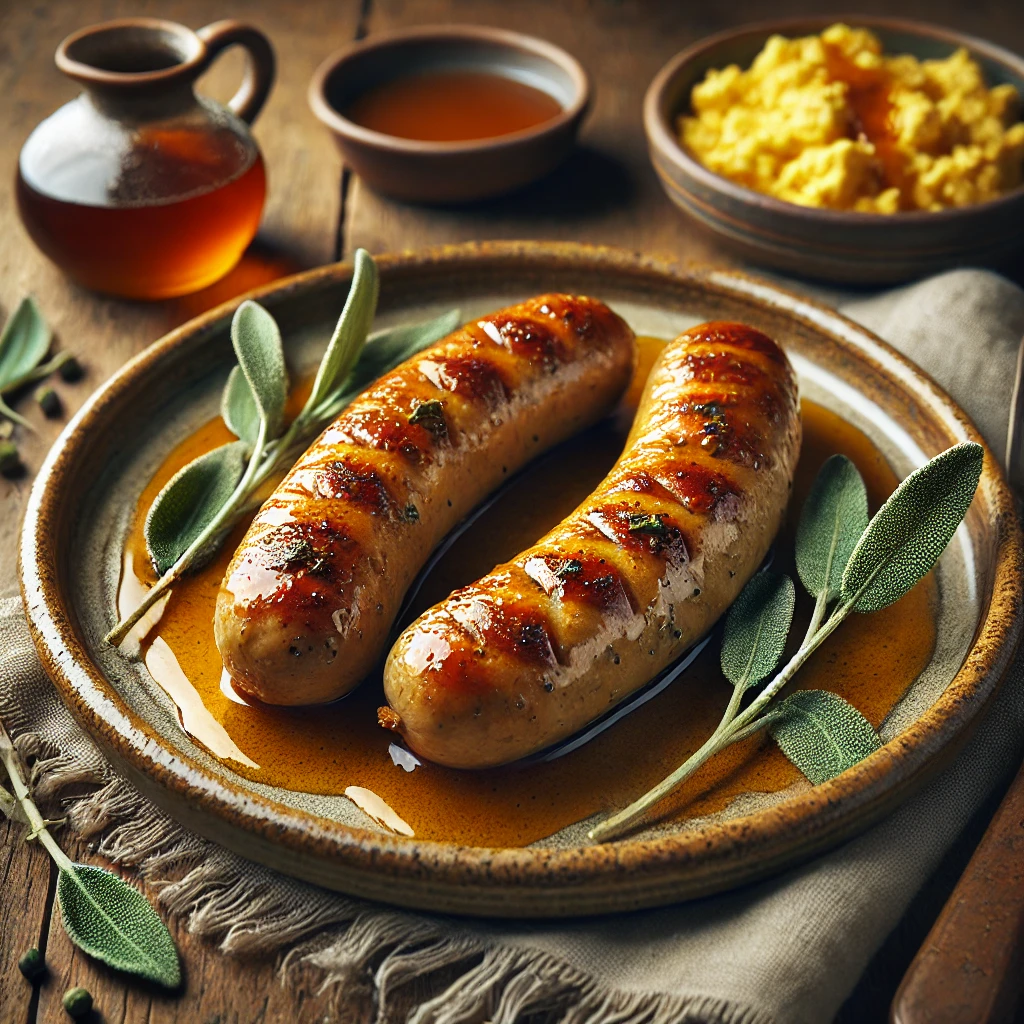 Maple Sage Breakfast Sausages served on an artisan ceramic plate, golden-brown with a light maple glaze and speckled with sage. The dish is garnished with fresh sage leaves and a drizzle of maple syrup, accompanied by scrambled eggs and a small dish of extra maple syrup on a rustic wooden table.