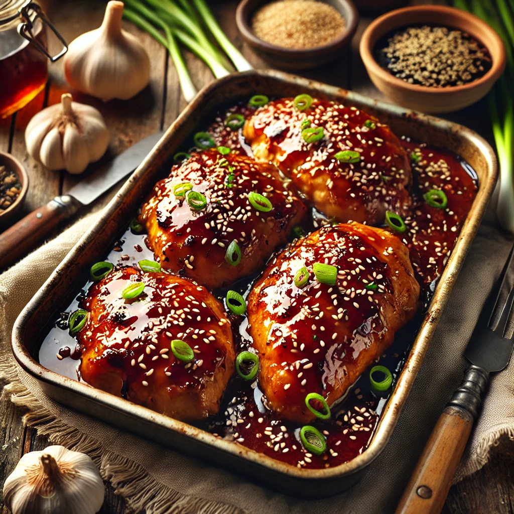 Tender, glazed chicken breasts baked in a rich, caramelized teriyaki sauce, garnished with sesame seeds and green onions, served on a rustic wooden table.