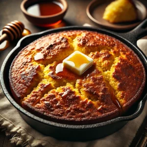 A freshly baked Sweet Skillet Cornbread with a golden, crispy crust and a soft, moist interior. The cornbread is baked in a rustic cast-iron skillet, giving it a beautifully caramelized edge. A pat of melting butter sits on top, enhancing its rich texture. The skillet rests on a wooden table, surrounded by a small dish of honey, a drizzle of maple syrup, and a linen napkin. Warm, natural lighting highlights the comforting, homemade feel.