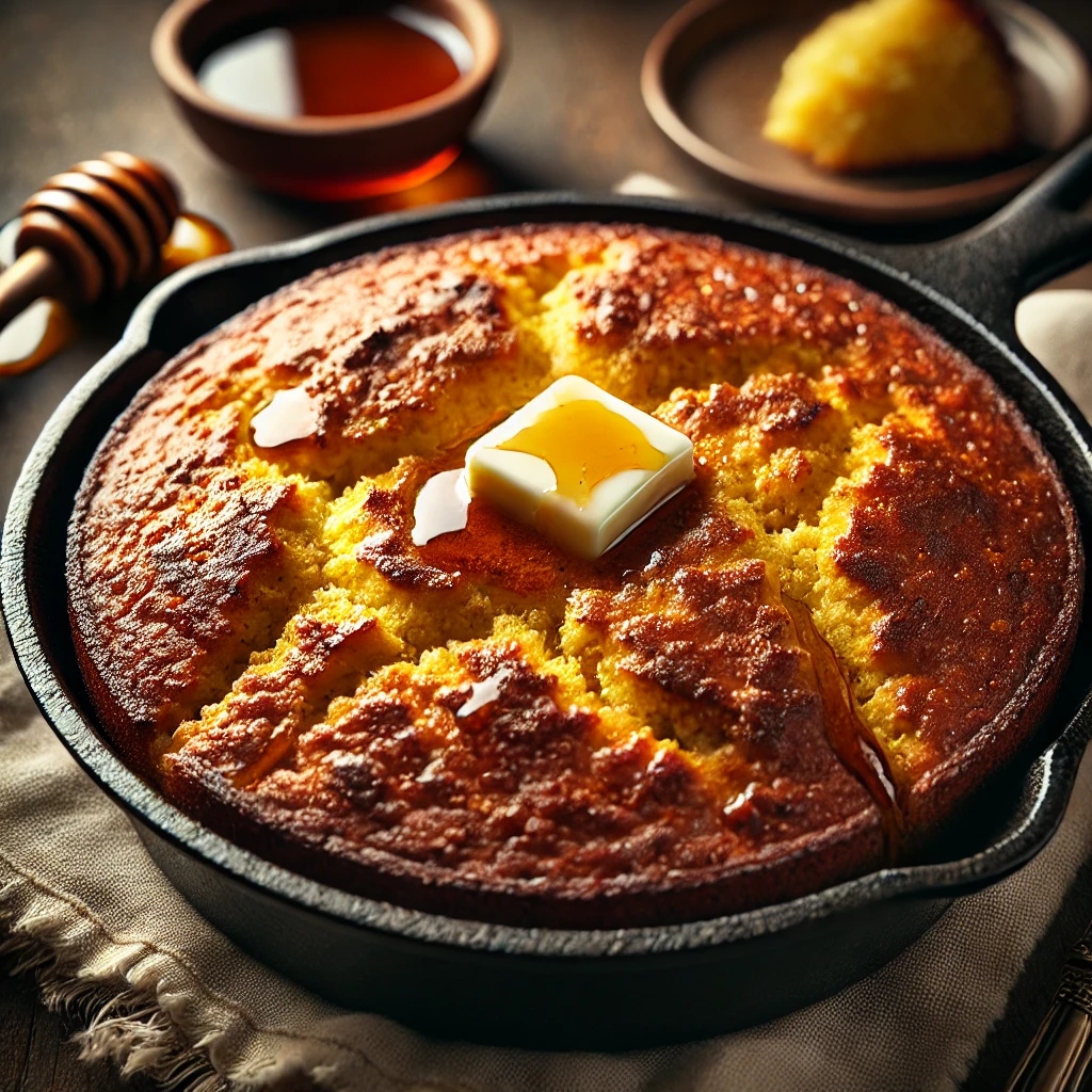 A freshly baked Sweet Skillet Cornbread with a golden, crispy crust and a soft, moist interior. The cornbread is baked in a rustic cast-iron skillet, giving it a beautifully caramelized edge. A pat of melting butter sits on top, enhancing its rich texture. The skillet rests on a wooden table, surrounded by a small dish of honey, a drizzle of maple syrup, and a linen napkin. Warm, natural lighting highlights the comforting, homemade feel.