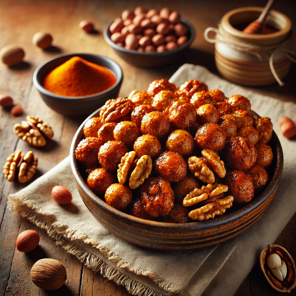 A bowl of Sweet ’n Crisp Curried Nuts, featuring golden, caramelized walnuts and peanuts coated in a spiced honey glaze. The nuts have a glossy, crispy texture with a hint of curry powder and cayenne pepper. They are served in a rustic ceramic bowl on a wooden table, with a few scattered nuts around. A small dish of extra seasoning and a linen napkin complete the setting. Warm, natural lighting enhances the inviting textures and golden hues.