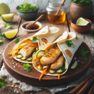 A vibrant photo of "Sweet and Savory Pollack Wraps" served on a rustic wooden plate placed on a richly textured weathered wooden table. The wraps are sliced, revealing golden-glazed pollack, shredded carrots, cucumber julienne, and cilantro. The scene is lit with soft natural light, complemented by lime wedges, dipping sauces, and scattered herbs, creating a cozy, inviting atmosphere with a focus on natural and rustic elements.