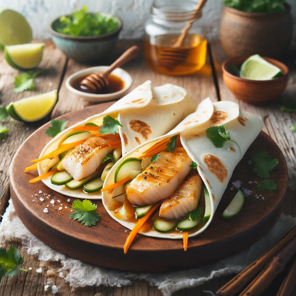 A vibrant photo of "Sweet and Savory Pollack Wraps" served on a rustic wooden plate placed on a richly textured weathered wooden table. The wraps are sliced, revealing golden-glazed pollack, shredded carrots, cucumber julienne, and cilantro. The scene is lit with soft natural light, complemented by lime wedges, dipping sauces, and scattered herbs, creating a cozy, inviting atmosphere with a focus on natural and rustic elements.
