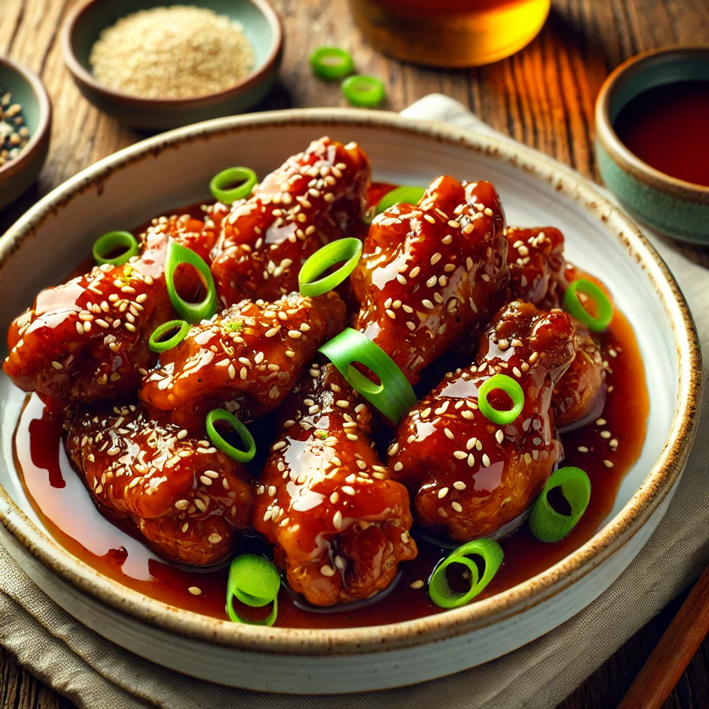 A beautifully plated dish of Sweet and Sour Chicken Wings served on a rustic wooden table. The dish features crispy, golden-brown chicken wings coated in a glossy, tangy sweet and sour sauce with hints of pineapple and soy. Garnished with sesame seeds and finely chopped green onions. Served in a white ceramic dish with a side of dipping sauce. The warm wooden table is more visible, providing a cozy and inviting setting.