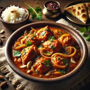 A beautifully plated dish of Sweet and Sour Chicken ‘Rizala,’ featuring tender, boneless chicken pieces cooked in a rich, mildly spiced sauce with a perfect balance of sweetness and tanginess. The dish has a golden hue with hints of caramelized onions, yogurt, and aromatic spices. Garnished with slivered almonds and fresh coriander, it is served in a rustic ceramic bowl. Accompanied by a side of fragrant basmati rice and warm naan, the bowl rests on a wooden table, with soft, warm lighting enhancing the inviting and flavorful presentation.
