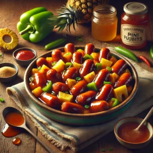 A rustic ceramic bowl filled with sweet-and-sour mini sausages coated in a glossy, tangy sauce, mixed with pineapple tidbits, chopped onions, and green bell peppers. Surrounding the bowl are fresh ingredients like a green bell pepper, a can of pineapple, and a small bowl of brown sugar, all arranged on a wooden table for a cozy presentation.
