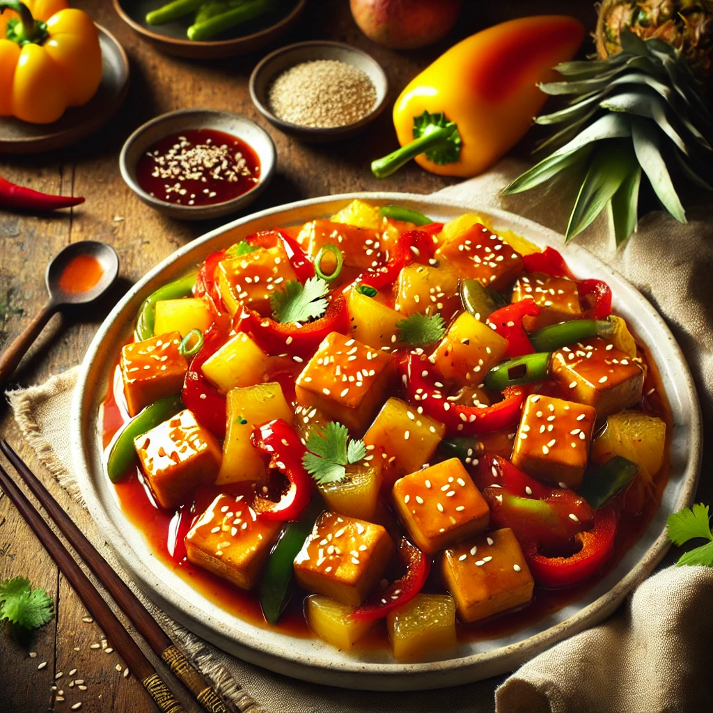 A plate of Sweet and Sour Tofu Delight with crispy tofu, bell peppers, pineapple, and onions in a glossy sauce, garnished with sesame seeds and cilantro, served with chopsticks on a wooden table.