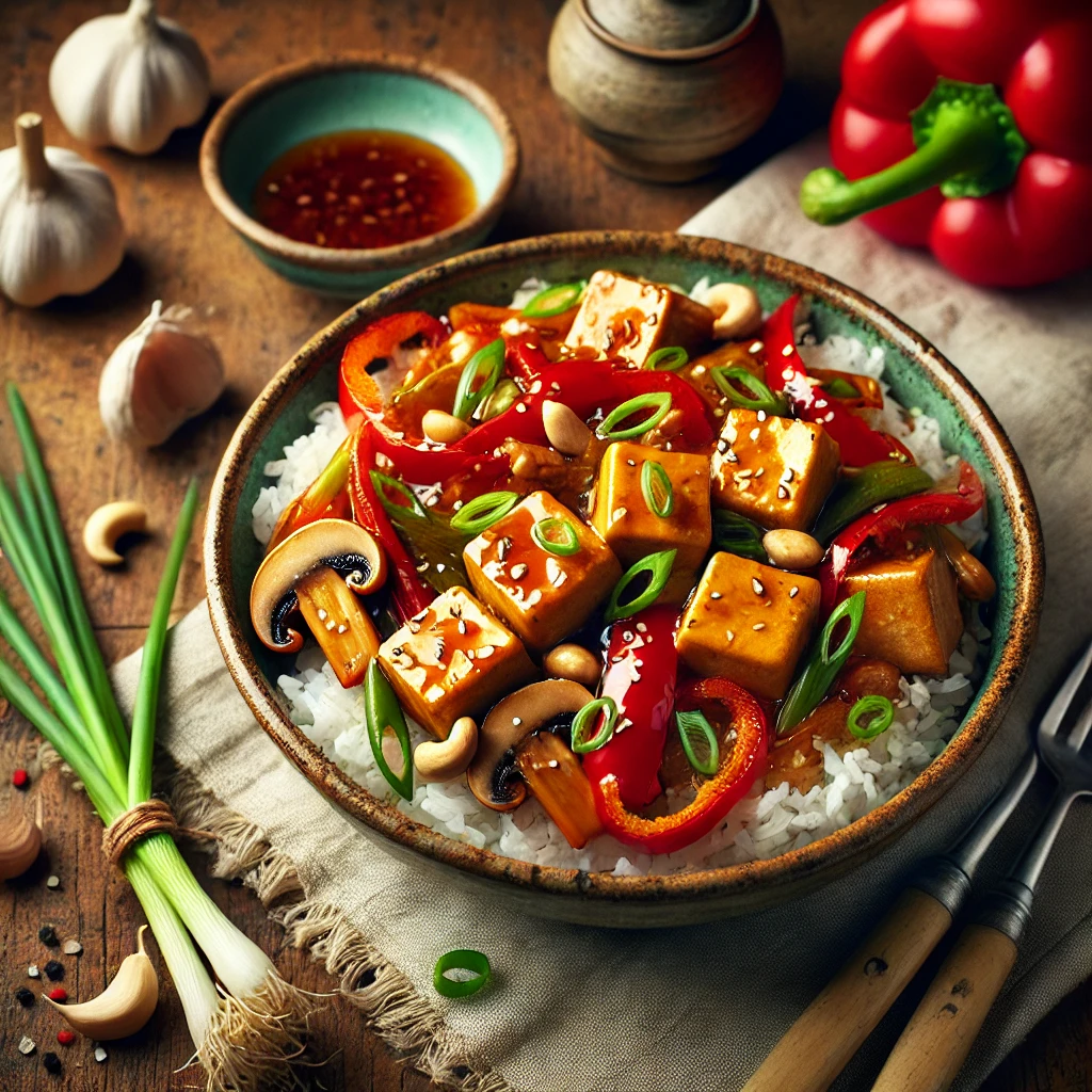 A rustic ceramic bowl of sweet and sour tofu sits on a wooden table. The dish features golden tofu cubes, stir-fried with vibrant red and green bell pepper strips, mushrooms, and scallions, all coated in a glossy sweet and sour sauce. It is garnished with toasted cashews and fresh green onions, served over steaming white rice. Chopsticks and a small bowl of extra sauce are placed nearby, with fresh bell peppers and a garlic clove scattered around the setup.