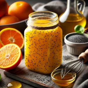 A glass jar of sweet and tangy orange poppy seed dressing, vibrant and golden with specks of poppy seeds, surrounded by fresh oranges, a small bowl of poppy seeds, honey, and olive oil, styled on a rustic wooden table with a whisk and salad greens nearby in soft natural light.