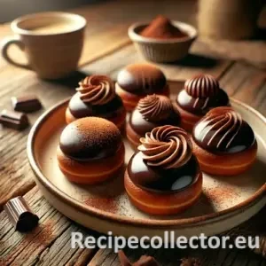 Glossy dark chocolate Swiss Caraque pastries with white chocolate swirls, arranged on a ceramic plate over a rustic wooden table.