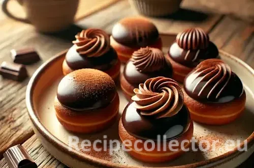Glossy dark chocolate Swiss Caraque pastries with white chocolate swirls, arranged on a ceramic plate over a rustic wooden table.
