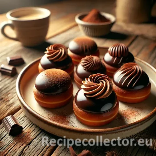 Glossy dark chocolate Swiss Caraque pastries with white chocolate swirls, arranged on a ceramic plate over a rustic wooden table.