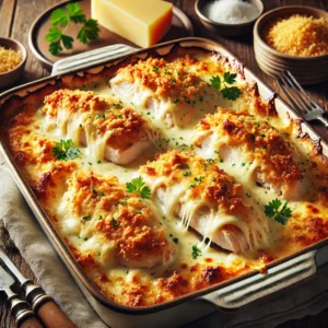 Tender chicken breasts layered with melted Swiss cheese and a creamy sauce, topped with a crispy, golden breadcrumb crust and garnished with fresh parsley.