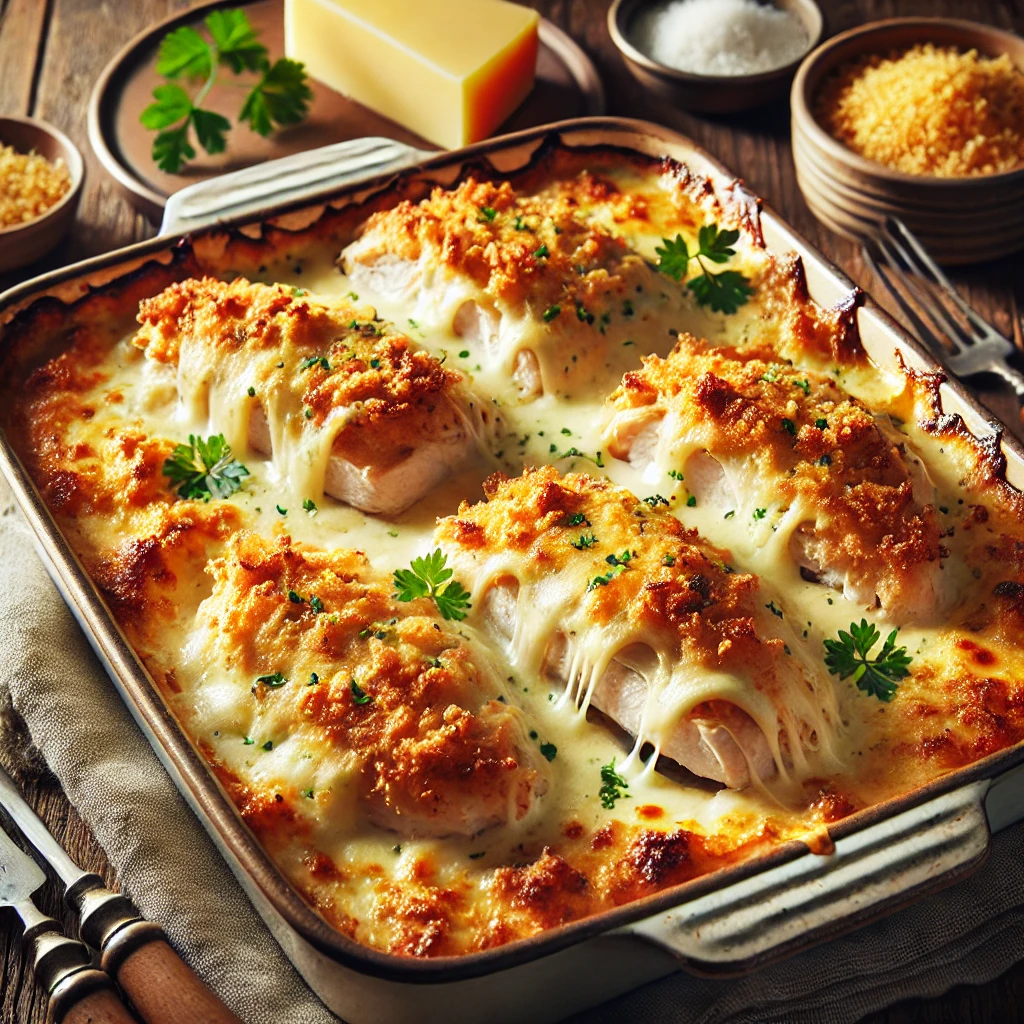 Tender chicken breasts layered with melted Swiss cheese and a creamy sauce, topped with a crispy, golden breadcrumb crust and garnished with fresh parsley.
