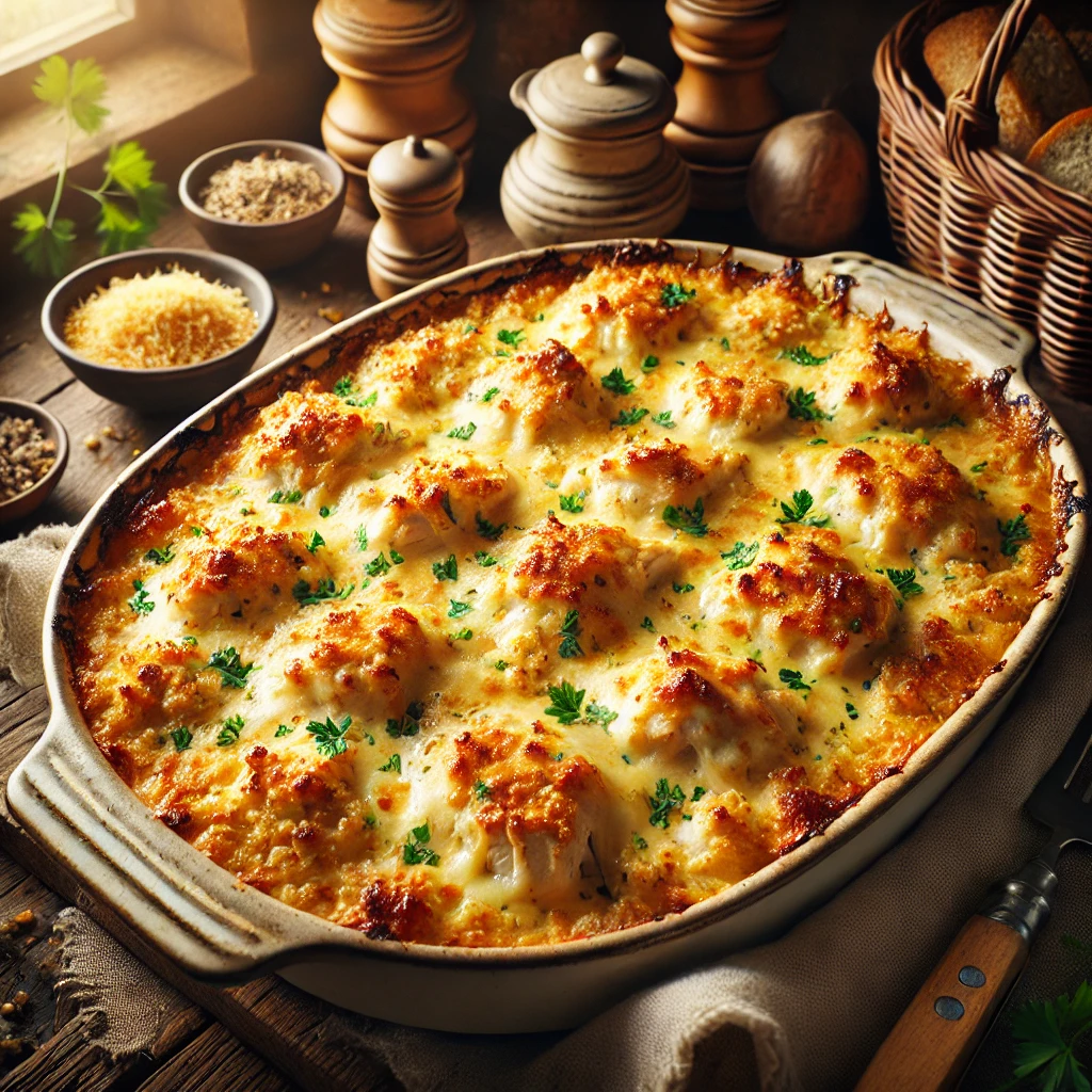 A beautifully baked Swiss Cheese Country Chicken Casserole in a rustic ceramic dish, layered with chicken, melted Swiss cheese, and golden breadcrumbs, garnished with fresh parsley. It is set on a wooden countertop in a cozy kitchen, surrounded by props like a woven bread basket and a small vase of flowers, with natural light highlighting its texture.