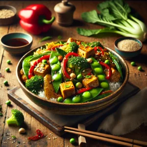 A rustic ceramic bowl of Szechuan-style stir fry sits on a wooden table. The dish features colorful vegetables, including snow peas, broccoli, red bell pepper, bok choy, straw mushrooms, and baby corn, tossed with golden-brown tofu cubes in a glossy Szechuan sauce. The stir fry is garnished with sesame seeds and green onions and served over steaming white rice. Chopsticks, a small dish of teriyaki sauce, and fresh ingredients like bok choy and a red bell pepper complete the presentation.