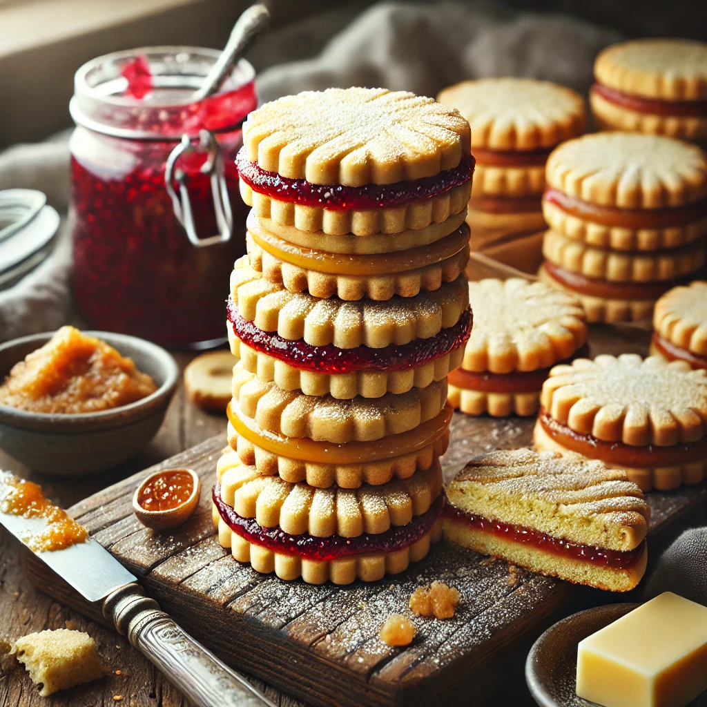 A batch of freshly baked TB & J Shortbread cookies with a golden, buttery texture, layered with a rich tahini butter filling and a sweet, fruity jam. Some cookies are stacked, while others are arranged on a rustic wooden table, accompanied by a small dish of tahini, a jar of jam, and a butter knife. A dusting of powdered sugar and warm, natural lighting enhance the cozy, homemade feel.
