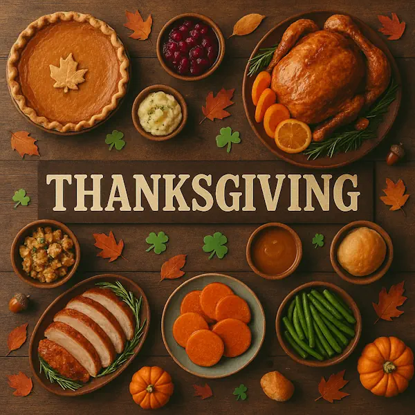 Top-down view of a rustic wooden table featuring a classic Thanksgiving feast arranged around a central sign labeled THANKSGIVING. Includes a roasted turkey, mashed potatoes, stuffing, sweet potatoes, cranberry sauce, green beans, dinner rolls, pumpkin pie, and gravy, all surrounded by mini pumpkins and autumn leaves for a festive seasonal look.