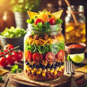 aco Salad in a Jar, featuring layers of seasoned ground beef, romaine lettuce, cherry tomatoes, black beans, corn, shredded cheddar cheese, and tortilla strips. Drizzled with lime dressing, set on a wooden table with extra dressing and a glass of iced tea in the softly blurred background.