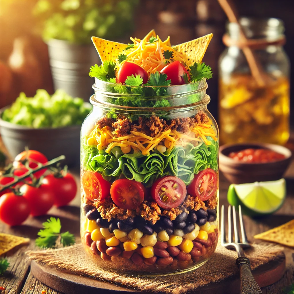 aco Salad in a Jar, featuring layers of seasoned ground beef, romaine lettuce, cherry tomatoes, black beans, corn, shredded cheddar cheese, and tortilla strips. Drizzled with lime dressing, set on a wooden table with extra dressing and a glass of iced tea in the softly blurred background.