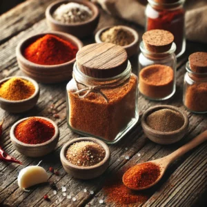 Taco Seasoning Mix displayed in a rustic glass jar with a wooden lid on a weathered wooden table. The jar is surrounded by small bowls of garlic powder, onion powder, granulated sugar, ground cumin, paprika, chili powder, and salt. A wooden spoon and a small spill of the seasoning complete the scene, illuminated by soft natural lighting for a warm and inviting presentation