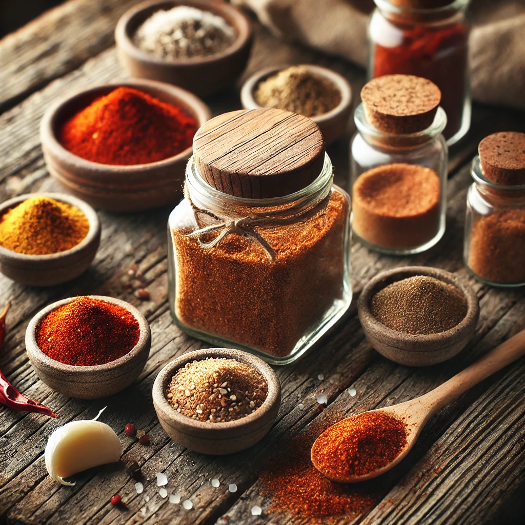 Taco Seasoning Mix displayed in a rustic glass jar with a wooden lid on a weathered wooden table. The jar is surrounded by small bowls of garlic powder, onion powder, granulated sugar, ground cumin, paprika, chili powder, and salt. A wooden spoon and a small spill of the seasoning complete the scene, illuminated by soft natural lighting for a warm and inviting presentation